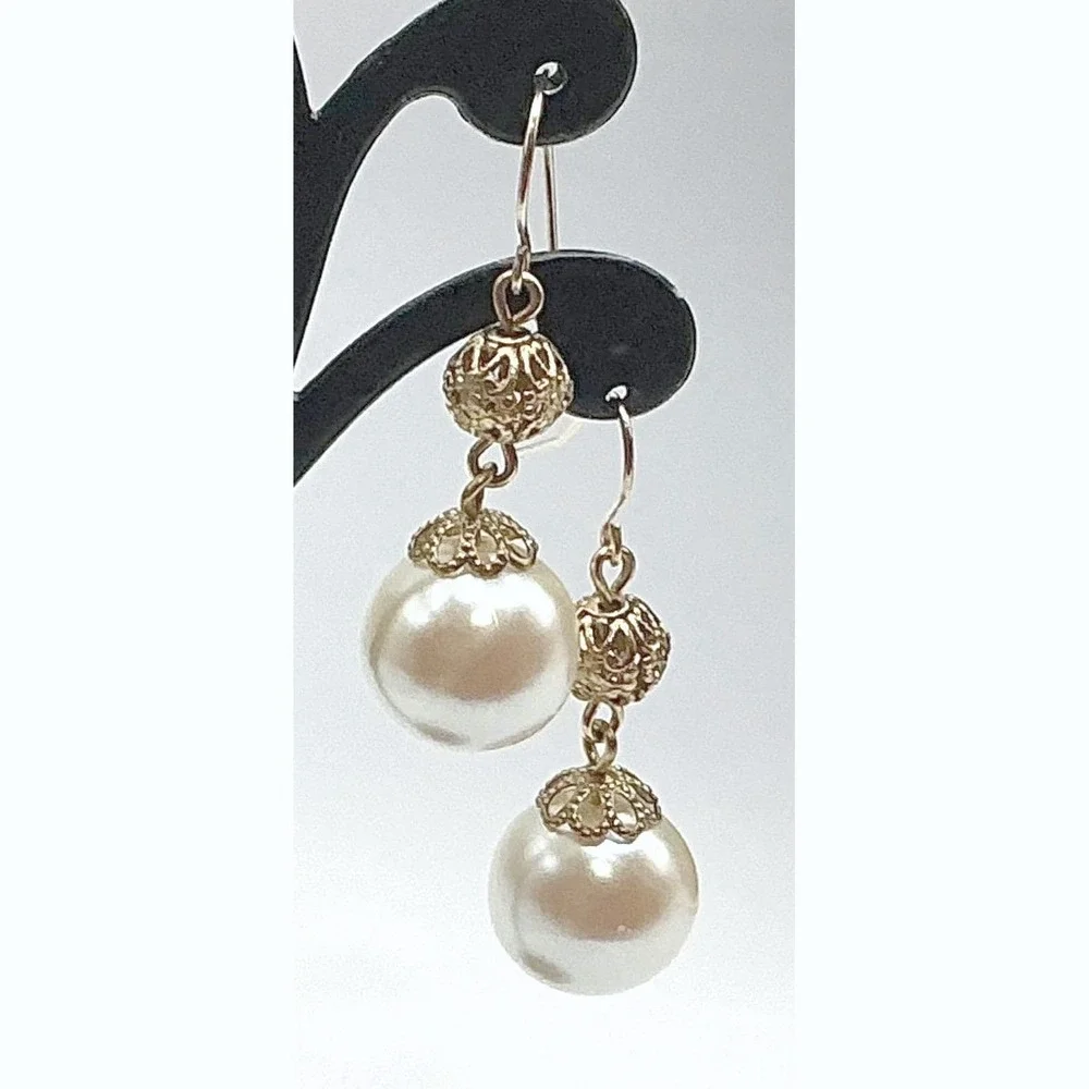 Pearlcore‎ Faux Pearl Dangle Earrings Gold Tone Bridal Vintage